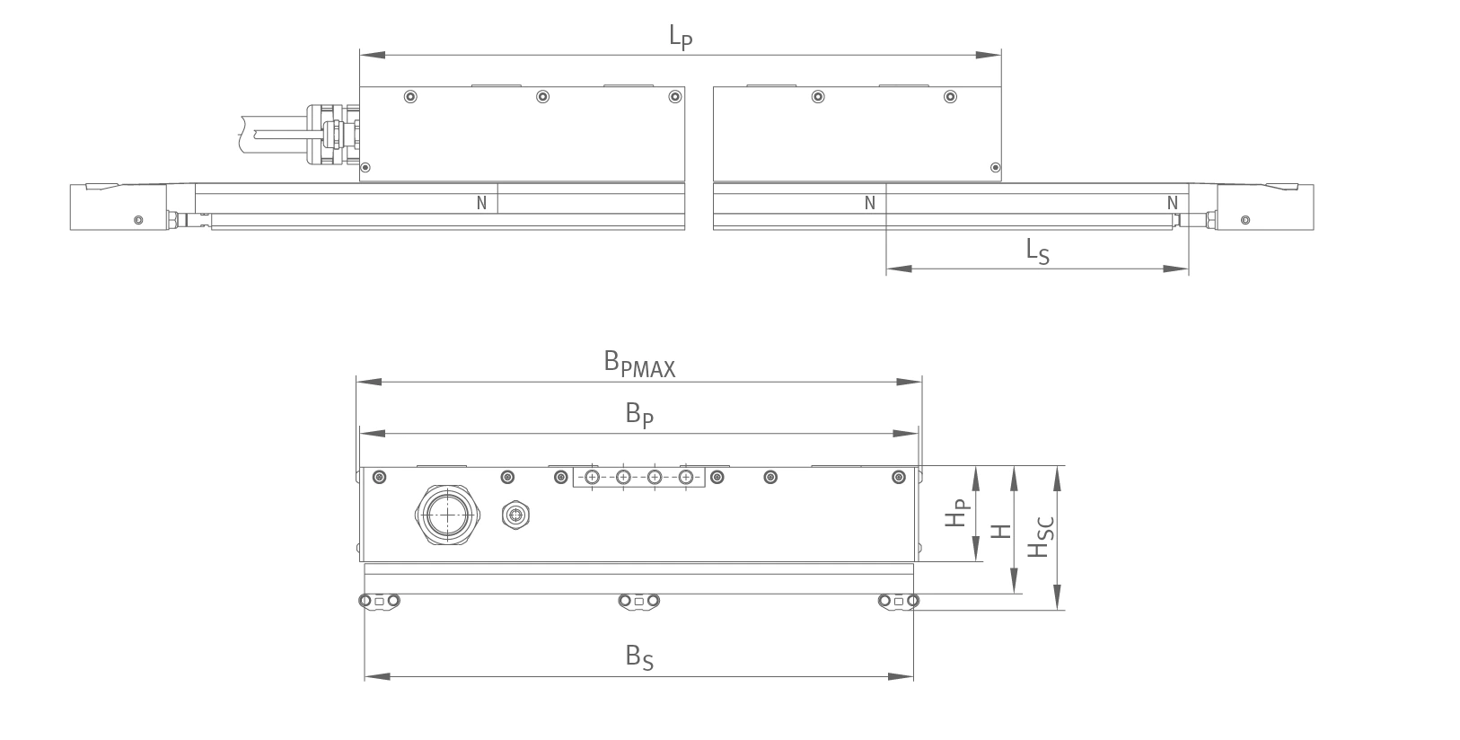 L7 馬達側視尺寸圖：L_P, L_S, B_PMAX, B_P, H_P, H_SC, B_S