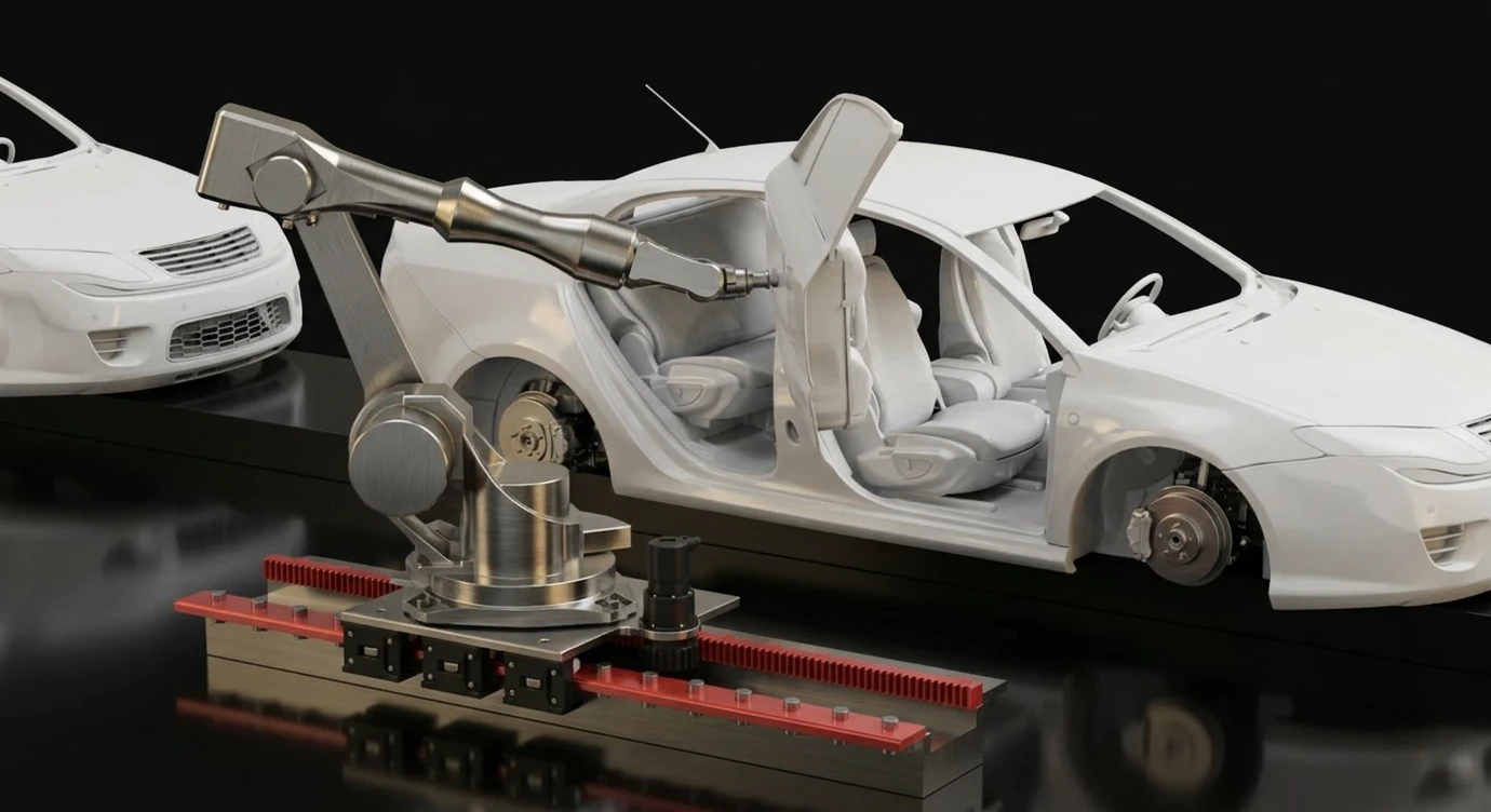 汽車產線機器人移行軸，搭載 Schneeberger 扁軌與齒排